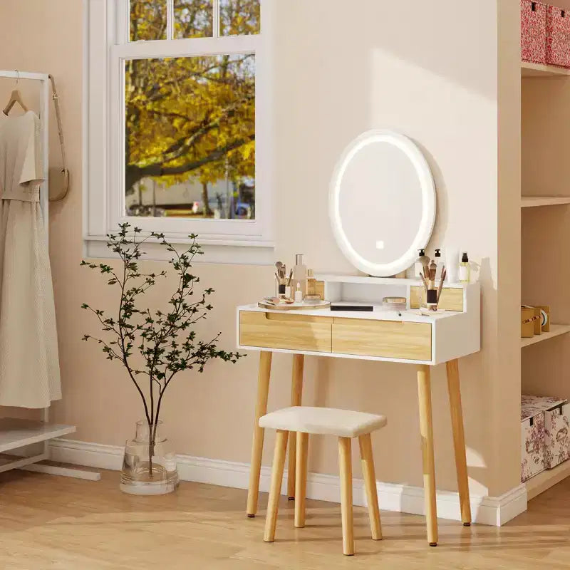 Coiffeuse ELECWISH 23,6" en bois avec miroir LED et tabouret - Éclairage 3 modes, station de charge USB, support pour sèche-cheveux, étagères de rangement