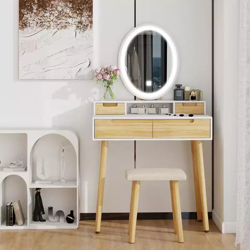 Coiffeuse ELECWISH 23,6" en bois avec miroir LED et tabouret - Éclairage 3 modes, station de charge USB, support pour sèche-cheveux, étagères de rangement