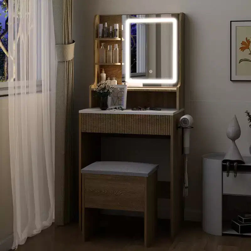 Coiffeuse ELECWISH 23,6" en bois avec miroir LED et tabouret - Éclairage 3 modes, station de charge USB, support pour sèche-cheveux, étagères de rangement