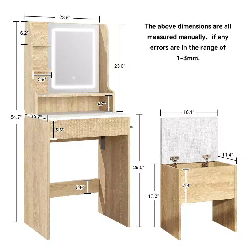 Coiffeuse ELECWISH 23,6" en bois avec miroir LED et tabouret - Éclairage 3 modes, station de charge USB, support pour sèche-cheveux, étagères de rangement