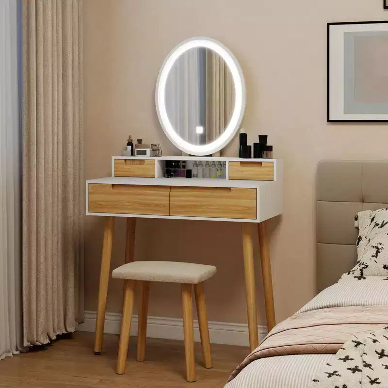 Coiffeuse ELECWISH 23,6" en bois avec miroir LED et tabouret - Éclairage 3 modes, station de charge USB, support pour sèche-cheveux, étagères de rangement