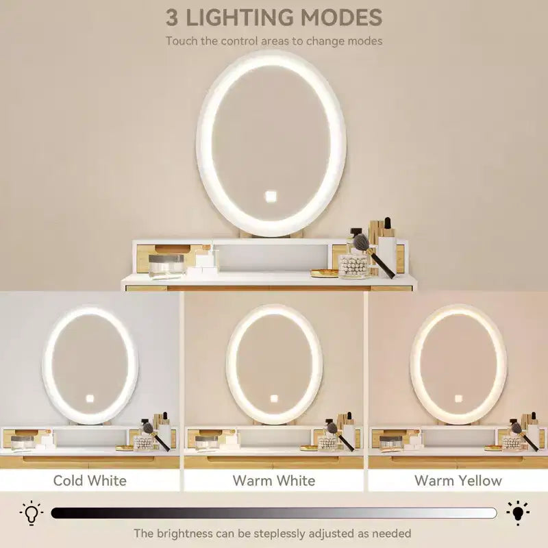 Coiffeuse ELECWISH 23,6" en bois avec miroir LED et tabouret - Éclairage 3 modes, station de charge USB, support pour sèche-cheveux, étagères de rangement