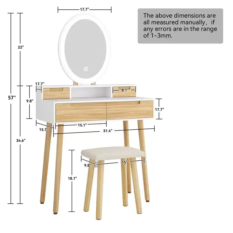 Coiffeuse ELECWISH 23,6" en bois avec miroir LED et tabouret - Éclairage 3 modes, station de charge USB, support pour sèche-cheveux, étagères de rangement