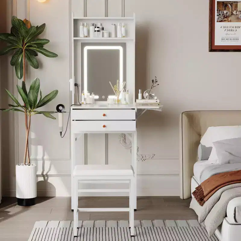 Mini coiffeuse de maquillage avec miroir, mini coiffeuse avec éclairage réglable, 2 tiroirs, support de sèche-cheveux, panneau pliant, coiffeuse compacte