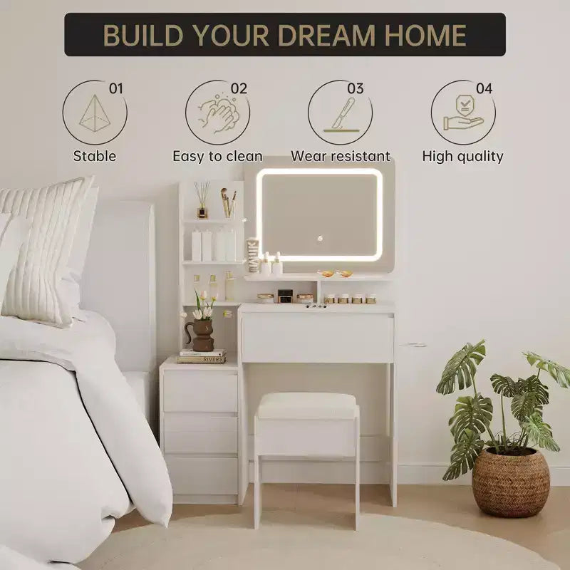 Coiffeuse avec miroir et lumières LED, coiffeuse de 91 cm, prise électrique, ports USB, support pour sèche-cheveux, tabouret, éclairage réglable en 3 couleurs