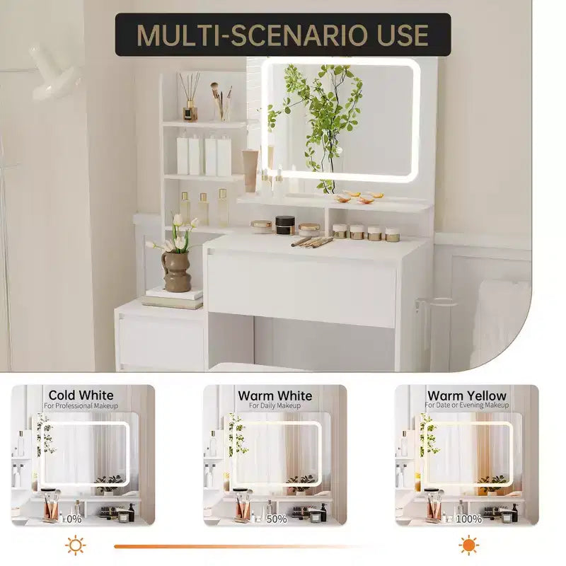 Coiffeuse avec miroir et lumières LED, coiffeuse de 91 cm, prise électrique, ports USB, support pour sèche-cheveux, tabouret, éclairage réglable en 3 couleurs