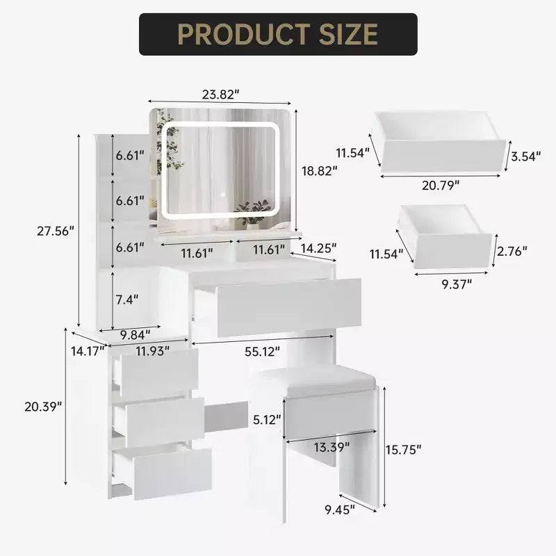 Coiffeuse avec miroir et lumières LED, coiffeuse de 91 cm, prise électrique, ports USB, support pour sèche-cheveux, tabouret, éclairage réglable en 3 couleurs