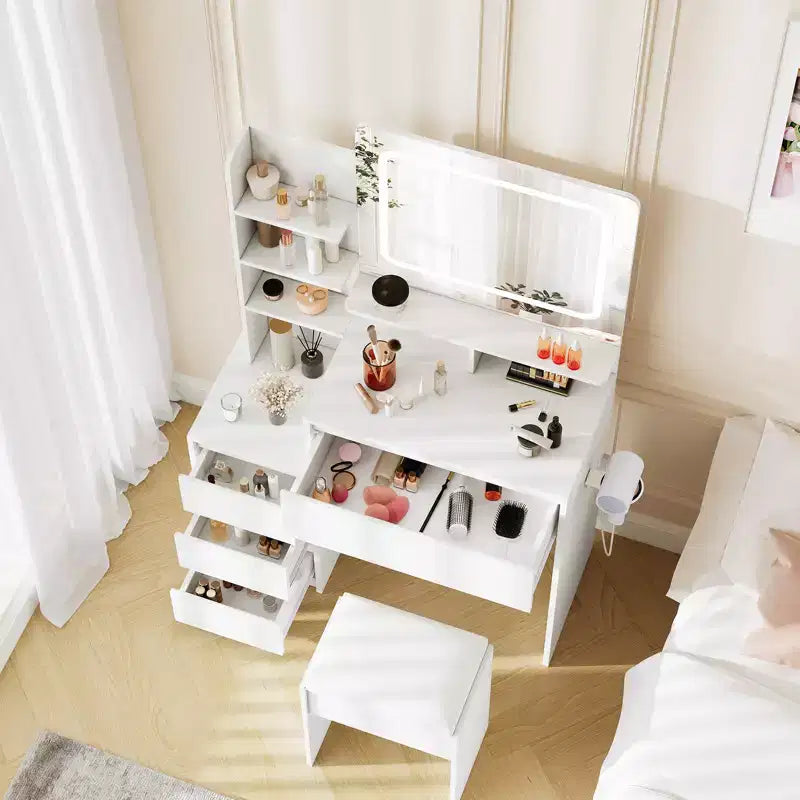 Coiffeuse avec miroir et lumières LED, coiffeuse de 91 cm, prise électrique, ports USB, support pour sèche-cheveux, tabouret, éclairage réglable en 3 couleurs