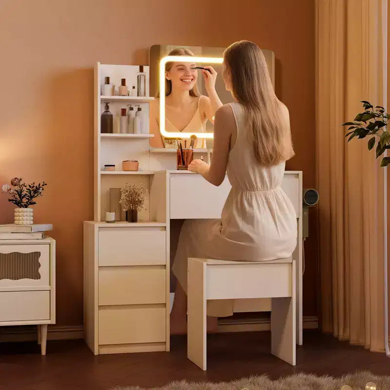Coiffeuse avec miroir et lumières LED, coiffeuse de 91 cm, prise électrique, ports USB, support pour sèche-cheveux, tabouret, éclairage réglable en 3 couleurs