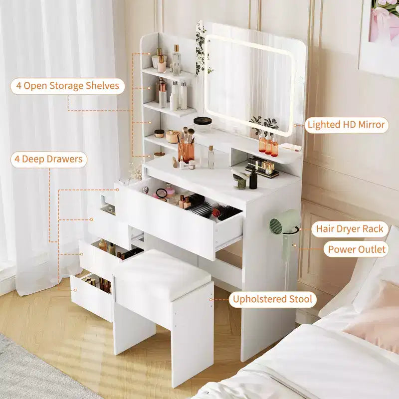 Coiffeuse avec miroir et lumières LED, coiffeuse de 91 cm, prise électrique, ports USB, support pour sèche-cheveux, tabouret, éclairage réglable en 3 couleurs