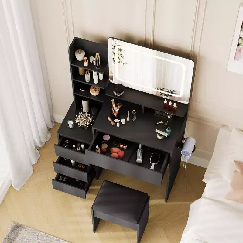 Coiffeuse avec miroir et lumières LED, coiffeuse de 91 cm, prise électrique, ports USB, support pour sèche-cheveux, tabouret, éclairage réglable en 3 couleurs