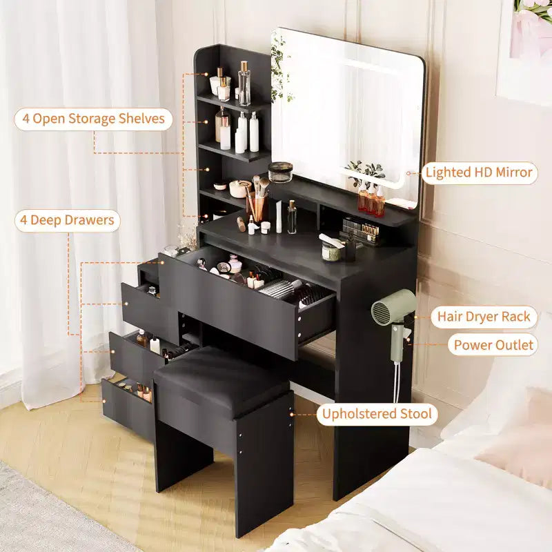 Coiffeuse avec miroir et lumières LED, coiffeuse de 91 cm, prise électrique, ports USB, support pour sèche-cheveux, tabouret, éclairage réglable en 3 couleurs