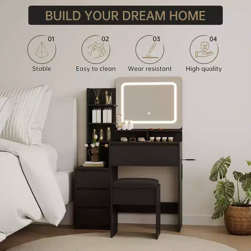 Coiffeuse avec miroir et lumières LED, coiffeuse de 91 cm, prise électrique, ports USB, support pour sèche-cheveux, tabouret, éclairage réglable en 3 couleurs