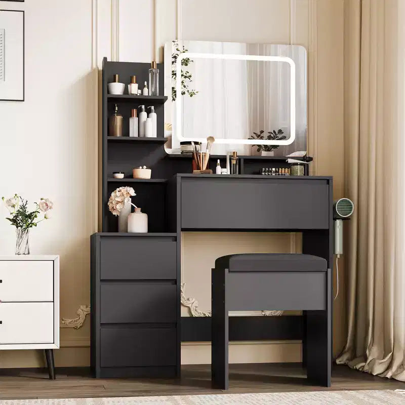 Coiffeuse avec miroir et lumières LED, coiffeuse de 91 cm, prise électrique, ports USB, support pour sèche-cheveux, tabouret, éclairage réglable en 3 couleurs