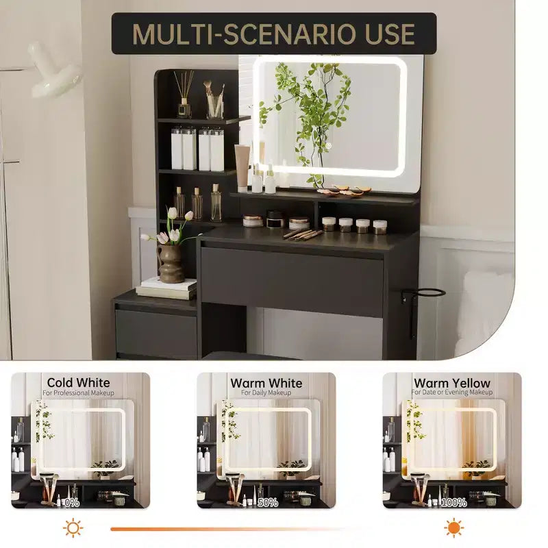 Coiffeuse avec miroir et lumières LED, coiffeuse de 91 cm, prise électrique, ports USB, support pour sèche-cheveux, tabouret, éclairage réglable en 3 couleurs