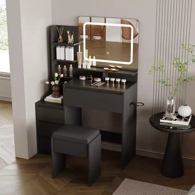 Vanity Desk With Mirror and LED Lights, 36-Inch Makeup Vanity Desk, Power Outlet, USB Ports, Hair Dryer Rack, Stool, 3 Color Adjustable Light
