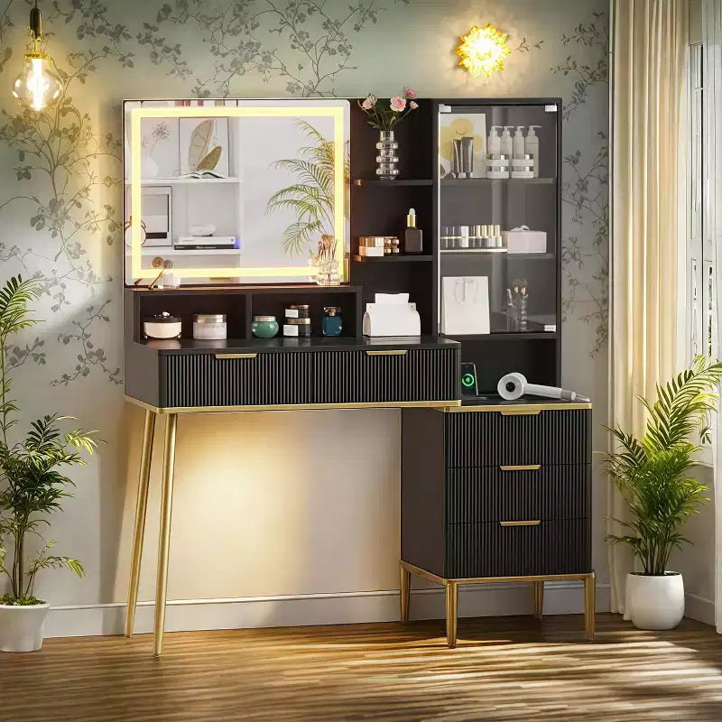 Coiffeuse GustoWave avec miroir et lumières, table de maquillage avec 5 tiroirs et étagères, éclairage réglable 3 couleurs, prise électrique, coiffeuse avec miroir