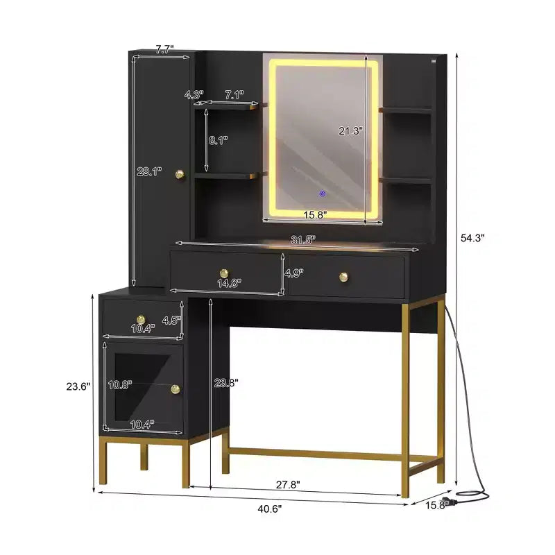 Coiffeuse GustoWave avec miroir lumineux 3 couleurs, station de charge, meuble visible, table de maquillage noire pour chambre à coucher