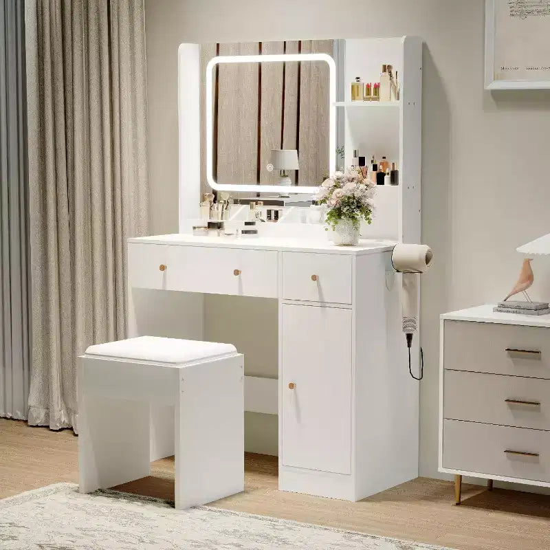 Makeup Vanity Table Set with Storage Drawers Shelves Cabinet& Chair,3 Lighting Modes & Adjustable Brightness,Dressing Table for Bedroom
