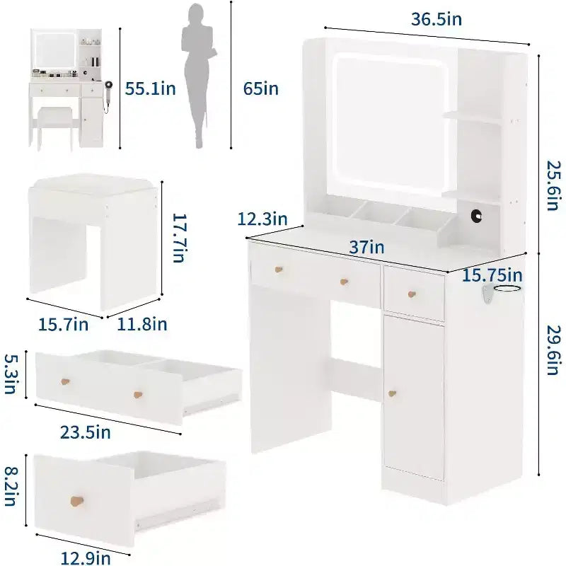Coiffeuse avec tiroirs de rangement, étagères, meuble et chaise, 3 modes d'éclairage et luminosité réglable, table de maquillage pour chambre à coucher