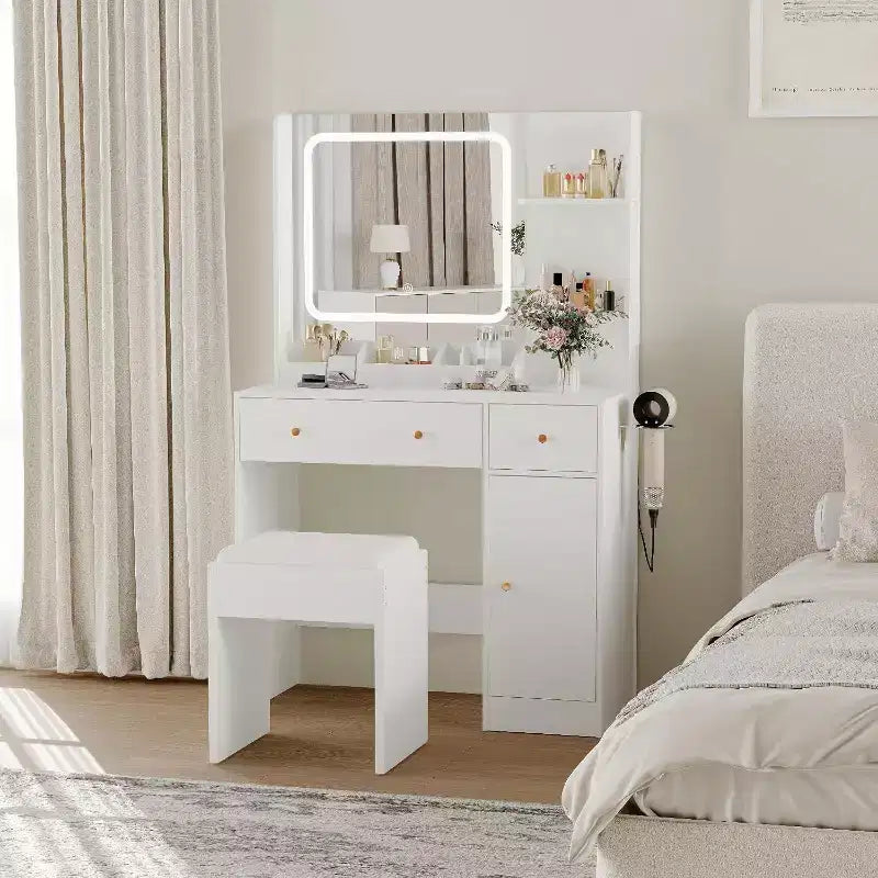 Coiffeuse avec tiroirs de rangement, étagères, meuble et chaise, 3 modes d'éclairage et luminosité réglable, table de maquillage pour chambre à coucher