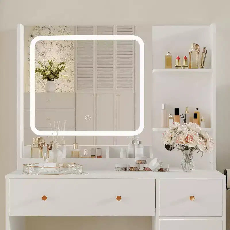 Coiffeuse avec tiroirs de rangement, étagères, meuble et chaise, 3 modes d'éclairage et luminosité réglable, table de maquillage pour chambre à coucher