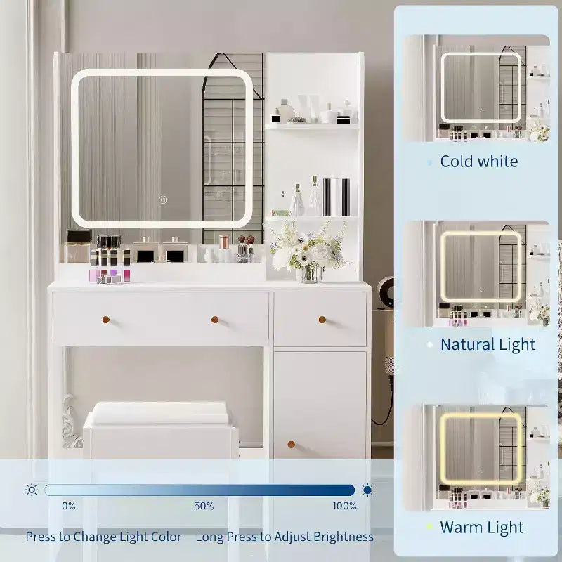 Coiffeuse avec tiroirs de rangement, étagères, meuble et chaise, 3 modes d'éclairage et luminosité réglable, table de maquillage pour chambre à coucher