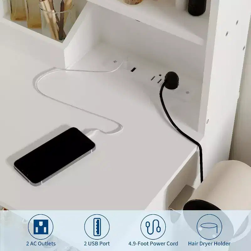 Coiffeuse avec tiroirs de rangement, étagères, meuble et chaise, 3 modes d'éclairage et luminosité réglable, table de maquillage pour chambre à coucher