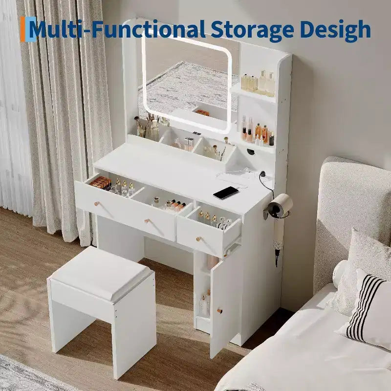 Coiffeuse avec tiroirs de rangement, étagères, meuble et chaise, 3 modes d'éclairage et luminosité réglable, table de maquillage pour chambre à coucher