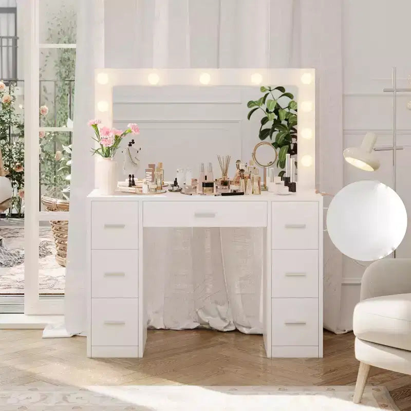 Coiffeuse avec miroir, grande table de maquillage de 109 cm de large avec 7 tiroirs, coiffeuse moderne pour chambre à coucher, petit espace