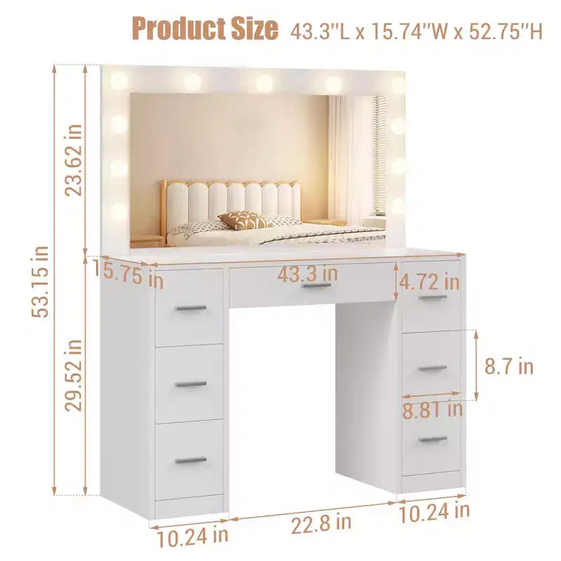 Coiffeuse avec miroir, grande table de maquillage de 109 cm de large avec 7 tiroirs, coiffeuse moderne pour chambre à coucher, petit espace