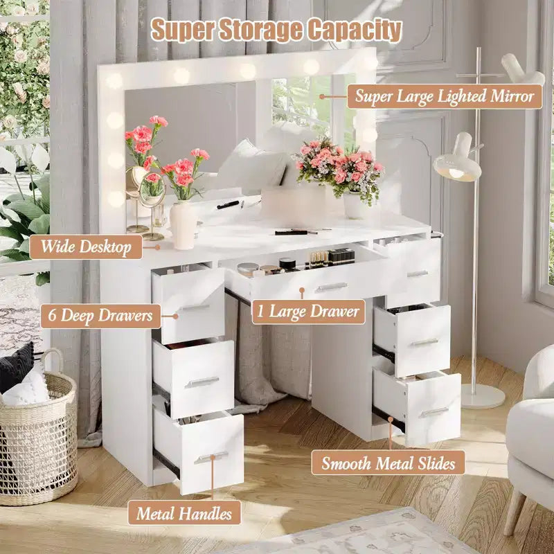 Coiffeuse avec miroir, grande table de maquillage de 109 cm de large avec 7 tiroirs, coiffeuse moderne pour chambre à coucher, petit espace