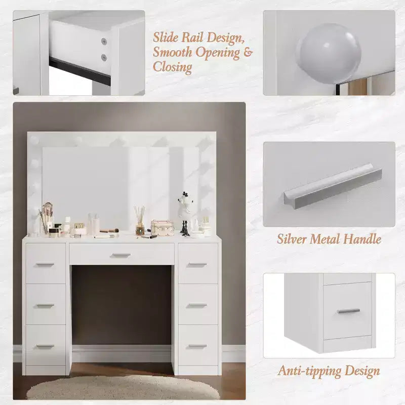 Coiffeuse avec miroir, grande table de maquillage de 109 cm de large avec 7 tiroirs, coiffeuse moderne pour chambre à coucher, petit espace