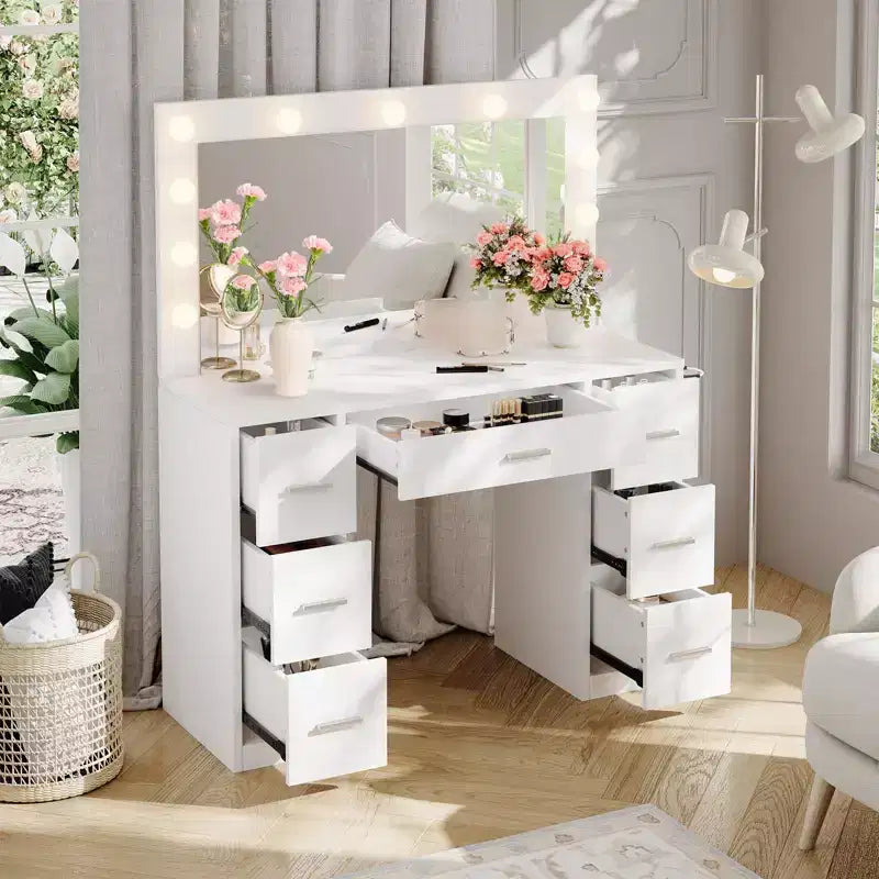 Coiffeuse avec miroir, grande table de maquillage de 109 cm de large avec 7 tiroirs, coiffeuse moderne pour chambre à coucher, petit espace