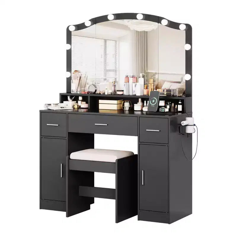 Coiffeuse COZONY avec miroir et lumières - Ensemble de coiffeuse avec tabouret, 3 tiroirs, placards et station de recharge