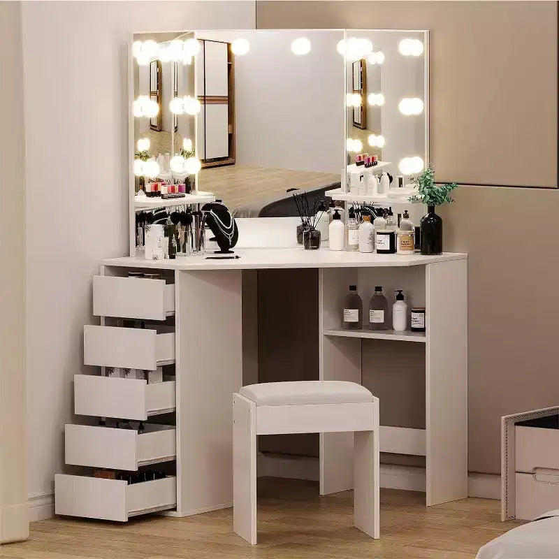 Coiffeuse COZONY avec miroir et lumières, ensemble de coin avec 3 options d'éclairage, 5 tiroirs, étagères et tabouret rembourré, blanc