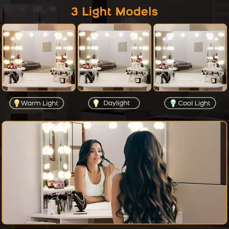 Coiffeuse COZONY avec miroir et lumières, ensemble de coin avec 3 options d'éclairage, 5 tiroirs, étagères et tabouret rembourré, blanc