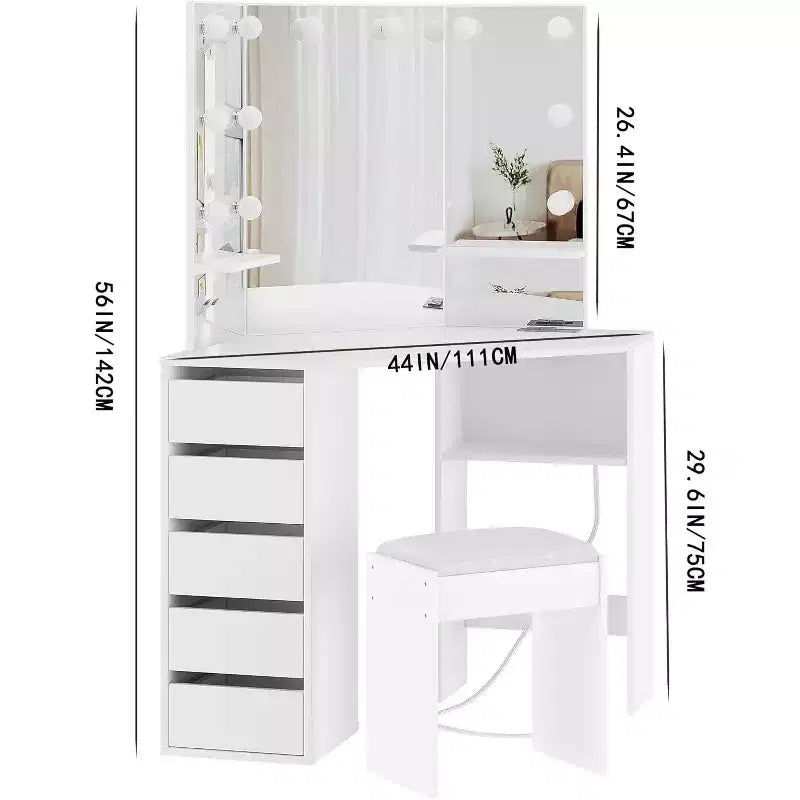 Coiffeuse COZONY avec miroir et lumières, ensemble de coin avec 3 options d'éclairage, 5 tiroirs, étagères et tabouret rembourré, blanc