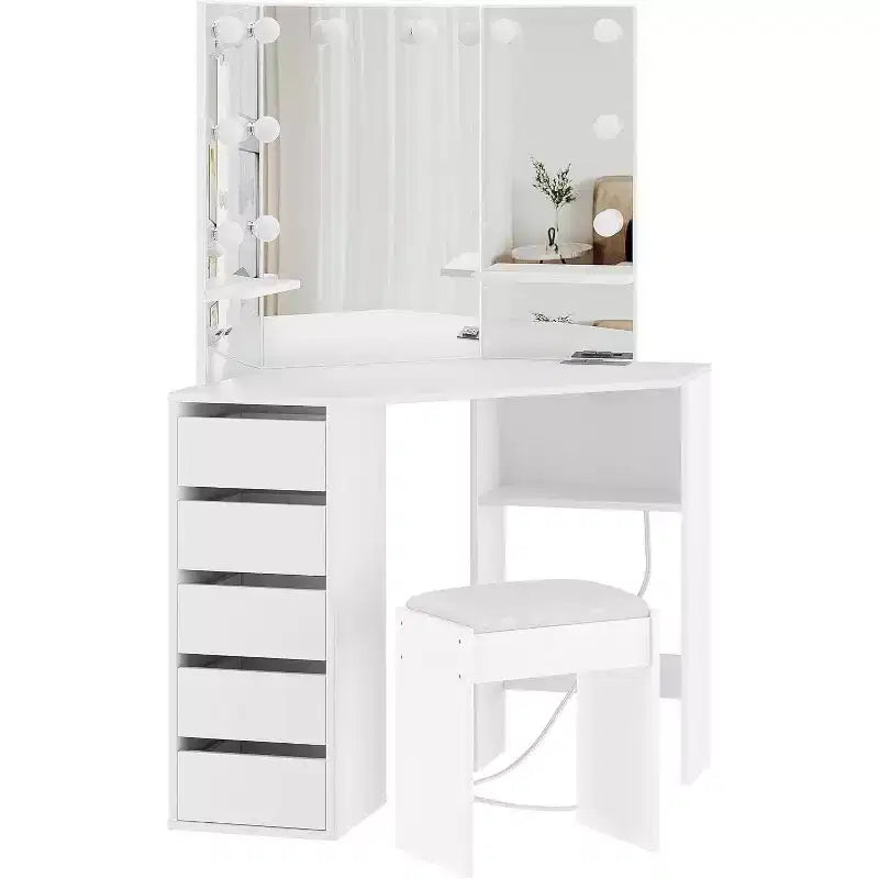 Coiffeuse COZONY avec miroir et lumières, ensemble de coin avec 3 options d'éclairage, 5 tiroirs, étagères et tabouret rembourré, blanc