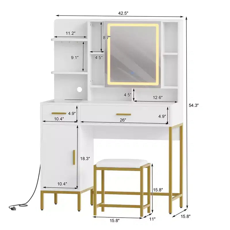 COZONY Coiffeuse avec miroir lumineux et station de charge, Tabouret, tiroirs et meuble de rangement inclus, pour chambre à coucher