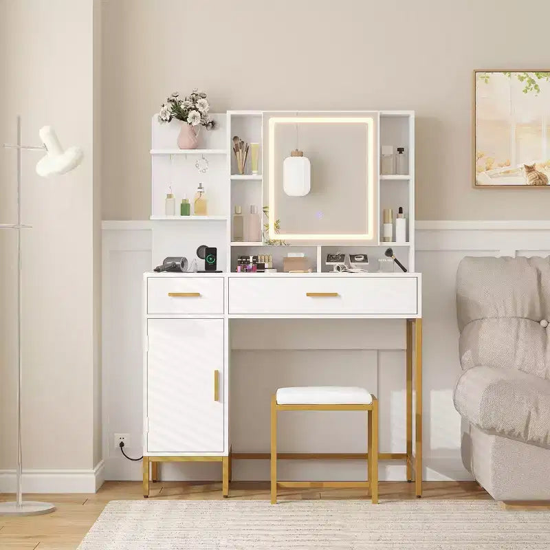 COZONY Coiffeuse avec miroir lumineux et station de charge, Tabouret, tiroirs et meuble de rangement inclus, pour chambre à coucher