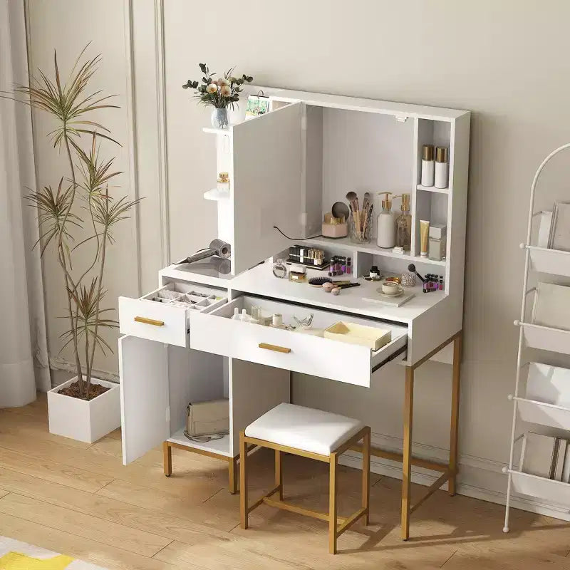 COZONY Coiffeuse avec miroir lumineux et station de charge, Tabouret, tiroirs et meuble de rangement inclus, pour chambre à coucher