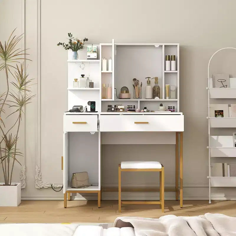 COZONY Coiffeuse avec miroir lumineux et station de charge, Tabouret, tiroirs et meuble de rangement inclus, pour chambre à coucher