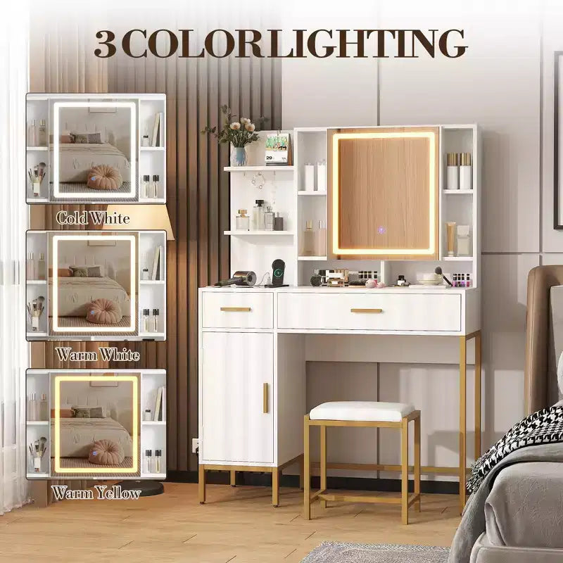 COZONY Coiffeuse avec miroir lumineux et station de charge, Tabouret, tiroirs et meuble de rangement inclus, pour chambre à coucher