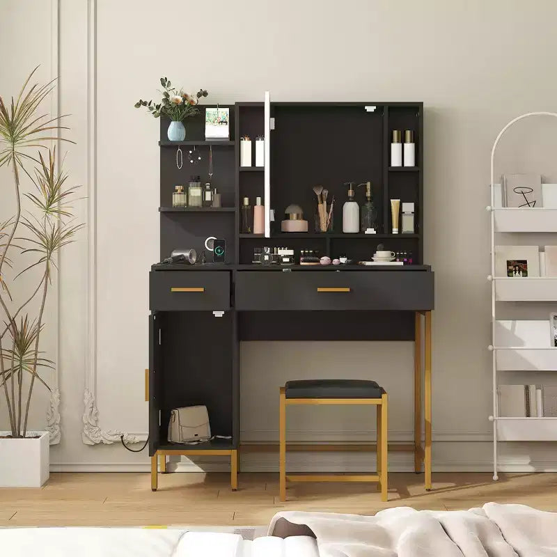 COZONY Coiffeuse avec miroir lumineux et station de charge, Tabouret, tiroirs et meuble de rangement inclus, pour chambre à coucher