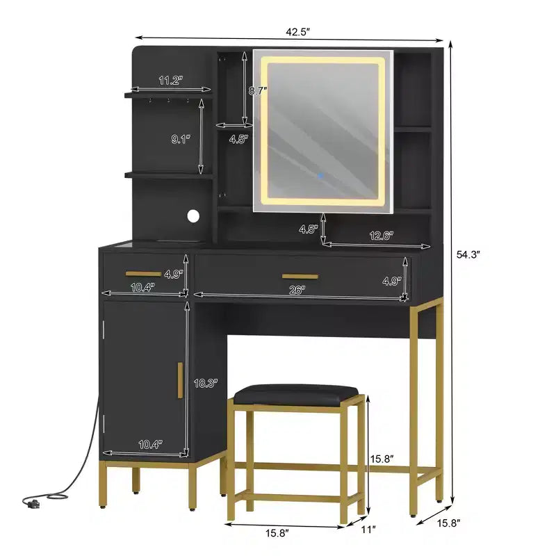 COZONY Coiffeuse avec miroir lumineux et station de charge, Tabouret, tiroirs et meuble de rangement inclus, pour chambre à coucher