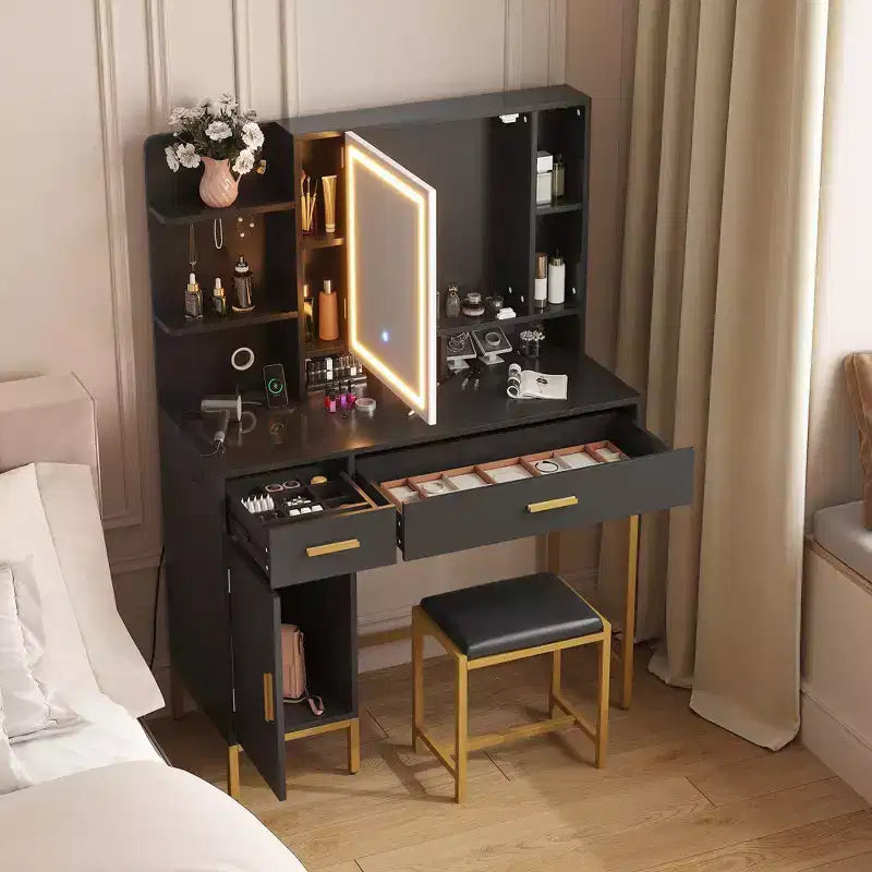 COZONY Coiffeuse avec miroir lumineux et station de charge, Tabouret, tiroirs et meuble de rangement inclus, pour chambre à coucher