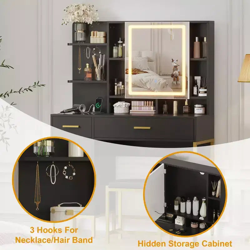 COZONY Coiffeuse avec miroir lumineux et station de charge, Tabouret, tiroirs et meuble de rangement inclus, pour chambre à coucher