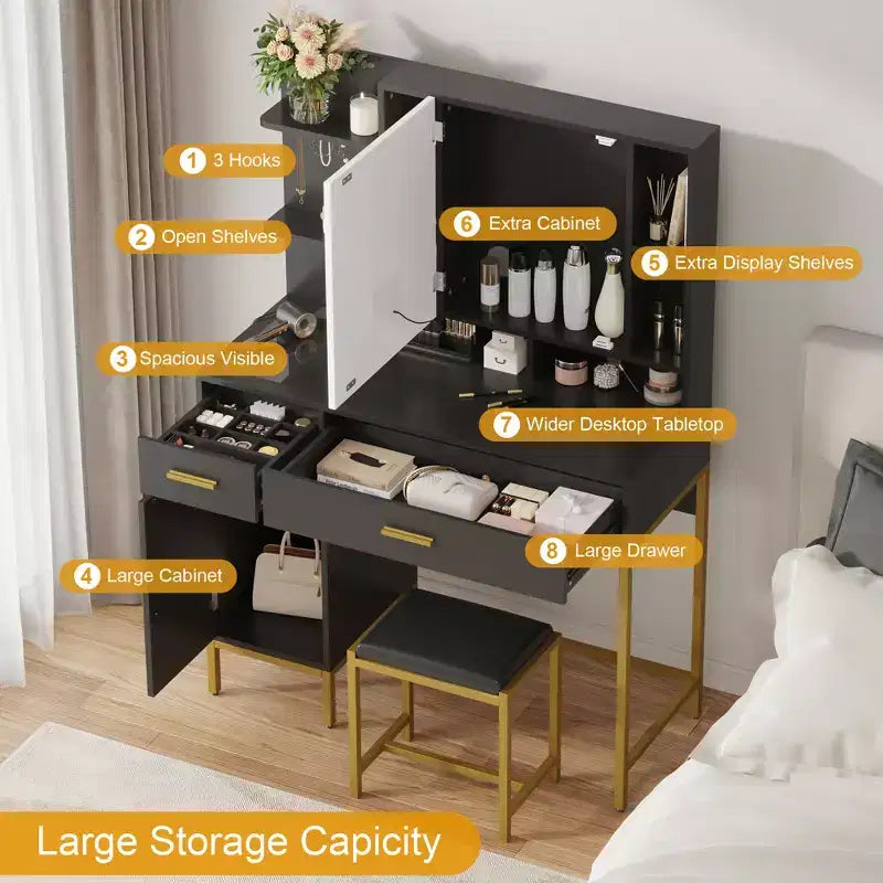 COZONY Coiffeuse avec miroir lumineux et station de charge, Tabouret, tiroirs et meuble de rangement inclus, pour chambre à coucher