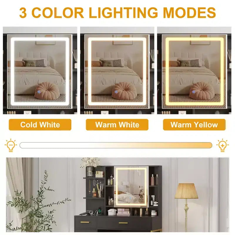 COZONY Coiffeuse avec miroir lumineux et station de charge, Tabouret, tiroirs et meuble de rangement inclus, pour chambre à coucher